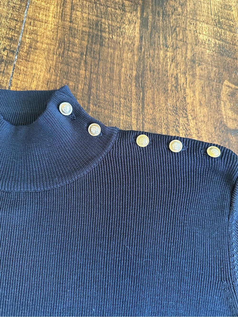 Lauren Ralph Lauren | 100% Silk Navy Mockneck Button Shoulder Sweater, Size L - Picture 3 of 8